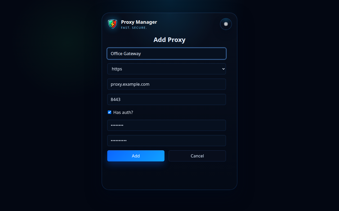Proxy Manager lisää välityspalvelinlomake