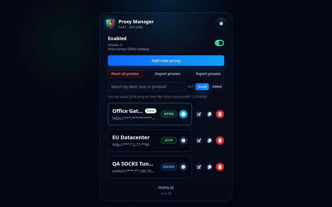 Proxy Managerin profiililuettelo